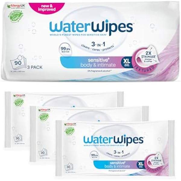 WaterWipes Sensitive+ Body & Intimate Wipes, Chusteczki nawilżające, 90 sztuk (opakowanie 3) – 3 w 1: delikatnie oczyszczają, pielęgnują i nawilżają. 99% wody z aloesem, bezzapachowe
