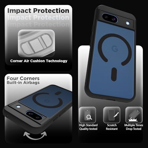 Image of RIGGEAR Shockproof Sleek Hybrid Armor Upgraded C-Shaped Magnetic Back Cover Case Compatible with MagSafe Accessories for Google Pixel 8A (Smoke Black Matte PC + Black TPU Bumper)