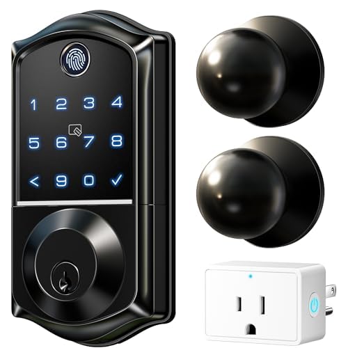 Veise VE017-K WiFi Smart Lock with G1 Gateway Knob Set, App Control, Fingerprint Access, Keyless Entry Front Door Lock Set, Matte Black