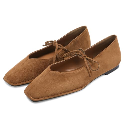 Square Toe Lace Up Ballet Flats for Women Cute Bow Slip On Mary Jane Flats Casual Ballerina Shoes Suede-Brown4