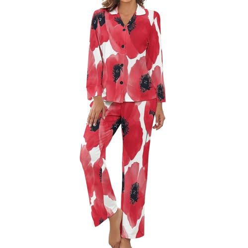 Pyjama femme manches longues d'intérieur pour soirées cocooning fleurs de pavot