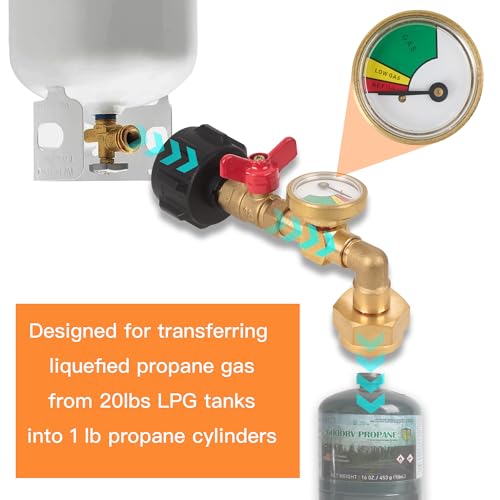 Cybring Brass Propane Refill Adapter for 1 lb Tanks with Guage Convert 20 lbs LPG Tank to 1lb Propane Cylinder