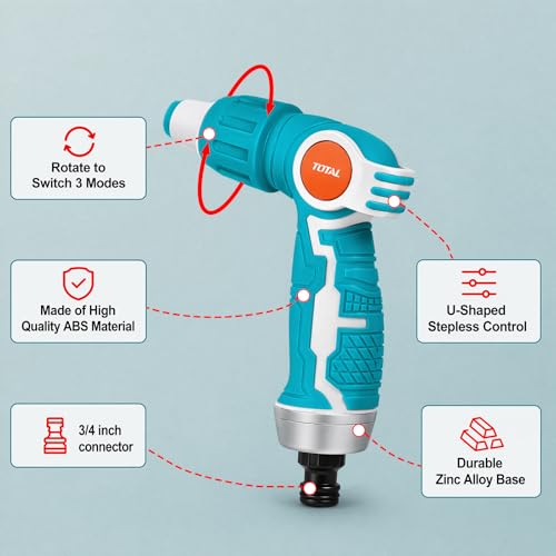 Image of TOTAL Garden Hose Spray Nozzle with 3 Adjustable Spray Patterns, Zinc Alloy Heavy Duty Water Gun, 3 /4 Inch Universal Connector, U-Shaped Lock for Car Washing, Gardening & Cleaning