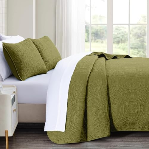 akkialla Twin Quilt Set,Olive Green Lightweight Bedspread with Coin Pattern, Soft Microfiber Coverlet for All Seasons, Elegant Modern Home Style (1 Quilt, 1 Pillow Sham)