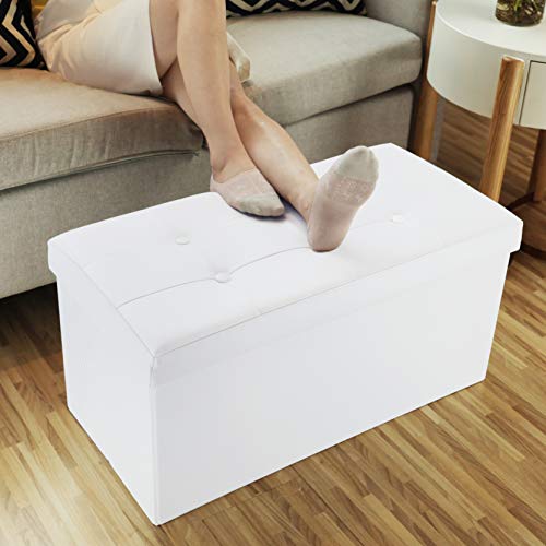 Wonenice 30 Inches Faux Leather Folding Storage Ottoman Bench, Ottoman Toy Chest Folding Storage Box, Hold Up To 300 Lb (White) #TOP6