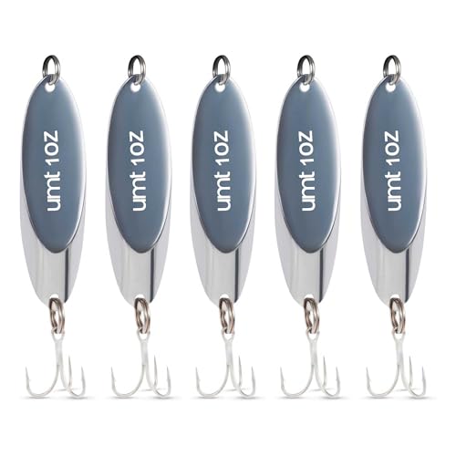 UMT 5 Pack 1oz Chrome Metal Spoon Lure Super Sharp 3X Treble Hooks– for Freshwater & Saltwater Trout, Steelhead, Bass