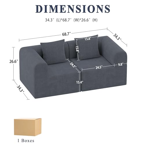 wanan 68.7'' Modular Sectional Couches for Living Room with Deep Seat, L-Shape Cloud Sofa Couch, High Density Memory Foam, Boneless Upholstered Couches, Easy Assembly(Dark Gray, 2 Seats)
