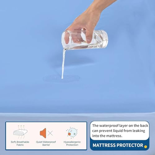 Image of Waterproof Soft Non-Woven Mattress Protector for Bed in Size 78 inchx66 inch |Breathable Elastic Fitted Mattress Cover for 10-Inch Deep Mattresses - Blue