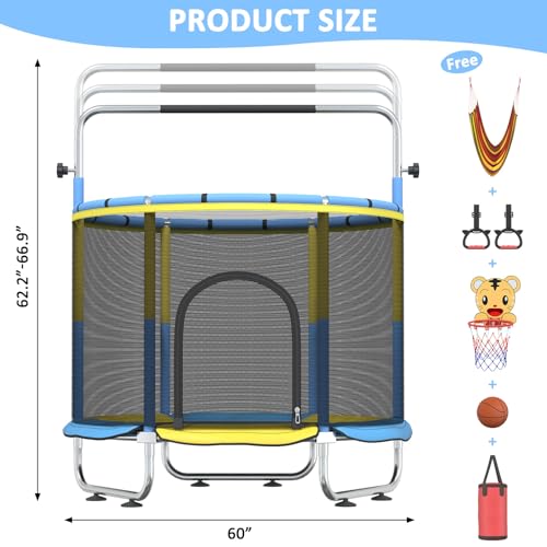 60" Toddler Trampoline for Age 2-4, 10ft Mini Kids Trampoline Indoor with Basketball Ball Adjustable Gymnastics Bar & Toys Swing Enclosure Net for Backyard ASTM Approved - image 7