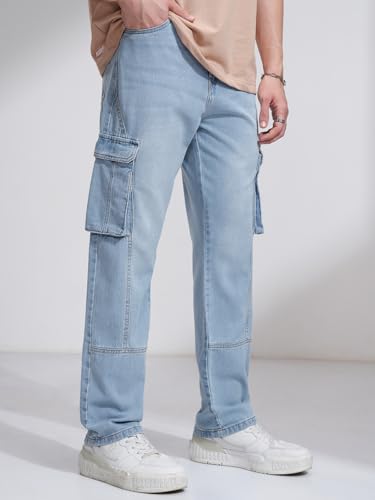 Image of Highlander Men's Relaxed-Fit Cargo Pocket Jeans | Clean Look | Cotton Comfort | Utility Style| Cargo Jeans for Man