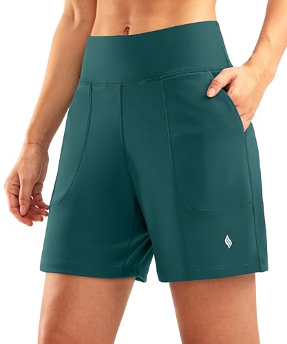 SANTINY Women's 6'' Athletic Long Shorts with 4 Pockets High Waisted Bermuda Shorts for Women Walking Running Casual (Peacock Green_XL)