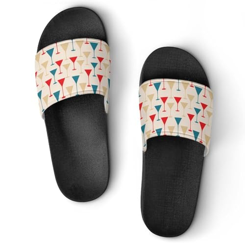 Cocktail Glasses Red Print Slides Shoes Mans Womans Slide Sandals Indoor Thick Sole Slippers Bath Non Slip Slip on Shoes Flat Slides