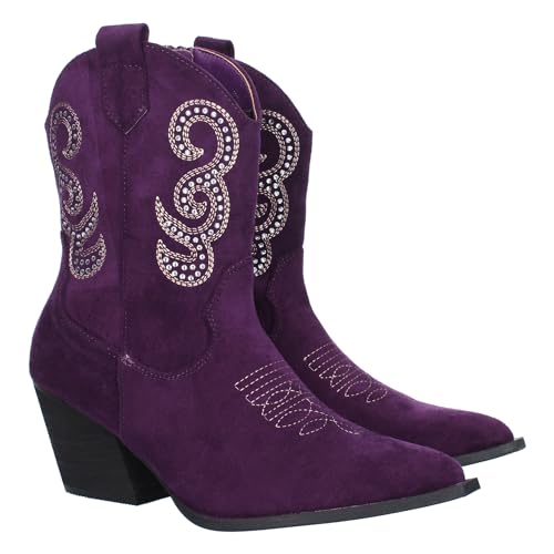 75775 Botin campero con Brillos en la Cana, Cierre de Cremallera y Grabado en el Empeine. Coleccion Otono Invierno 2023 Morado Talla 37