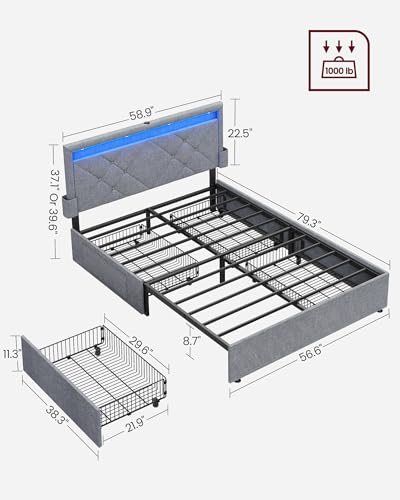 Image of VASAGLE LED Bed Frame Full Size, Full Bed with Headboard and 4 Drawers, 1 USB Port and 1 Type C Port, Adjustable Upholstered Headboard 37.1 /39.6 Inches, No Box Spring Needed, Light Gray URMB822G01