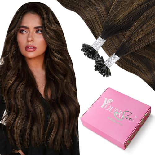 Image of YoungSee U Tip Hair Extensions Human Hair Balayage Utip Hair Extensions Ombre Dark Brown Balayage Brown K Tip Hair Extension Real Human Hair for Daily Confidence Boost 20 Inch 50 Strands 50g