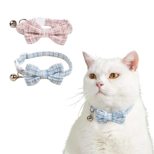 猫首輪 2点セット ネコ首輪 鈴付き ペット用首輪 蝶結び付き チェック柄 サイズ調節可能 15-28cm 超軽量 かわいい 安全首輪 子猫の首輪 小型犬 子犬 子猫 猫用首輪 ペットの首輪 (A(ブルー+ピンク))