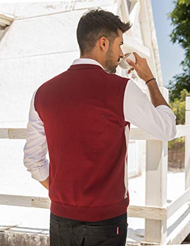 Jinidu Mens V-Neck Casual Slim Fit Golf Knit Vest Sleeveless Sweater Pullover Wine Red #TOP2