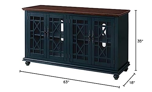 Image of Elegant Wood TV Stand for 50 inch, 55 inch, 60 inch, 65 inch TVs, Entertainment Center with Doors, Adjustable Shelves, Storage, Media Console, Sideboard, Hallway Accent Chest Dark Blue and Brown 63 inch W x 18 inch D x 35 inch H