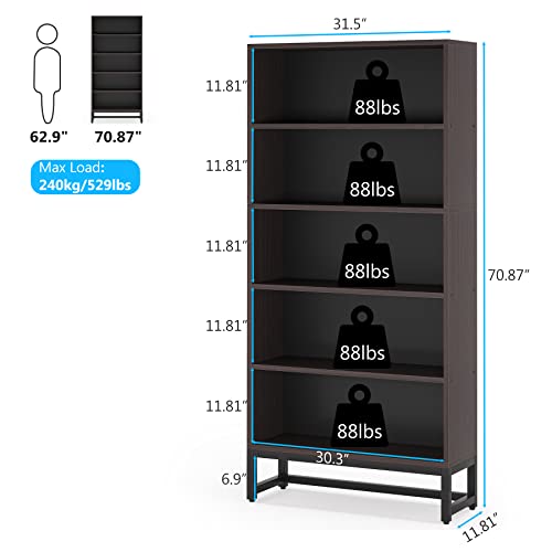 Image of Tribesigns Tall Bookcase and Bookshelf, 70.8 inch Large Bookcases Organizer with 5-Tier Storage Shelves, Heavy Duty Free-Standing Library Bookshelf Shelving Unit for Living Room, Bedroom (Dark Walnut)