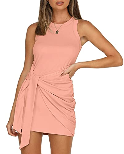 LETSRUNWILD Women s Summer Tank Dress Crew Neck Ruched Tie Waist Sleeveless Solid Casual Bodycon Short Mini Dresses MO# Peach-Small
