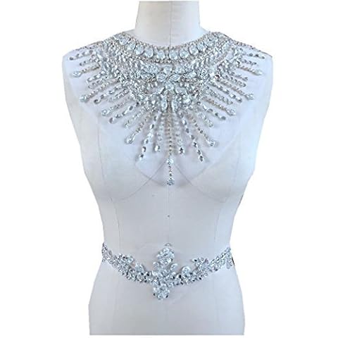 Sumptuous Handmade Sew on Sequin Rhinestones Collar Waist Belt Costume Dress Fine Crystal Appliques Designs Sewing for DIY Wedding Dress Quilt Trimming (Silver) Cover