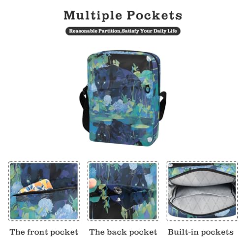 Chic Black Leopard with Blue Hydrangea Flowers mens messenger bag crossbody shoulder bag crossbody Cross Body Purse Adjustable Strap for work Casual2