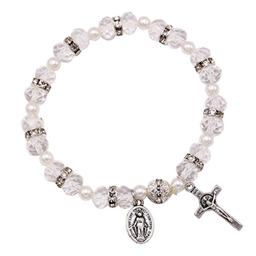 Rosemarie Collections Women's Beaded Stretch Rosary Bracelet with Crucifix and Miraculous Medal (Clear)