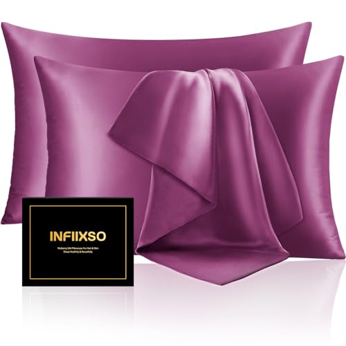 Image of INFIIXSO Mulberry Silk Pillowcase for Hair and Skin, Silk Pillow Cases Queen Size Set of 2 with Hidden Zipper 20x30 Inches, Ultra Smooth and Soft Cooling Pillow Cases for Hot Sleepers(Purple, 2 Pack)
