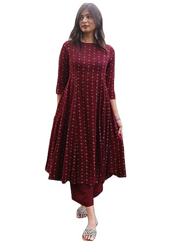Image of GoSriKi Women Kurta Set | Rayon Viscose Printed Anarkali Kurta with Pant | Ethnic Wear for Women | Indian Casual Office Daily Summer Outfit