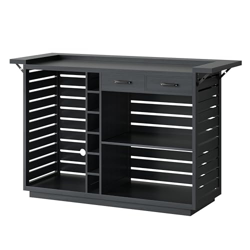 Terroute 63 Outdoor Bar Table with Mini Fridge Space Patio Bar Cabinet with Storage 2 Drawers Wine Rack Wooden Bar Unit for Poolside Backyard Garden Deck Outside Grey OTCB001R