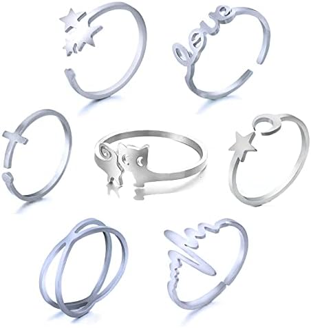 Loqimu Stackable Rings Stainless Steel Open Knuckle Rings for Women Teen Girls Silver Rings Set Minimalist Joint Midi Finger Rings Adjustable Thumb Indie Rings Simple Pinky Rings 7 Pack