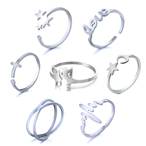 Loqimu Stackable Rings Stainless Steel Open Knuckle Rings For Women Teen Girls Silver Rings Set Minimalist Joint Midi Finger Rings Adjustable Thumb Indie Rings Simple Pinky Rings 7 Pack #TOP3