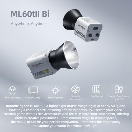 Image of GODOX ML60II Bi Kit 70W Video Light Kit Bi-Color Photography Light 2800K-6500K Dimmable CRI≥96 with 2.4G Wireless System Support BT Connection with Battery Handle Standar Reflector Bracket