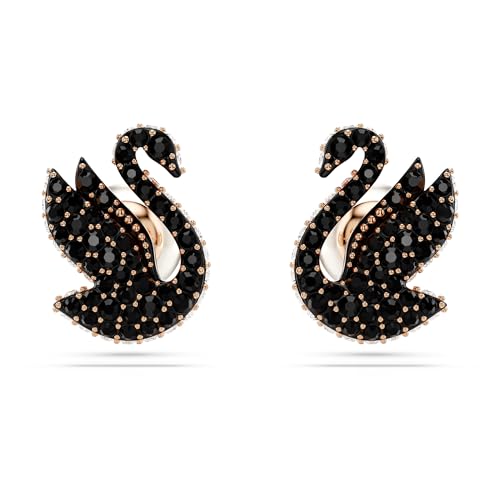 Swarovski Swan Stud Earrings, Swan Motif with Black Pavé Crystals and Pearl Closure in a Rose Gold-Tone Finished Setting, Part of the Swarovski Swan Collection