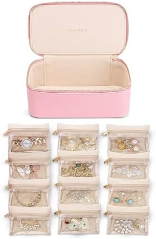 Vlando Jewelry Box Organzier for Travel,12 Pcs Velvet Jewelry Bags,Faux Leather Jewelry Case for Earrings Necklace Rings,Valentine’s Day,Birthday, Wedding, Christmas gift Strawberry Pink