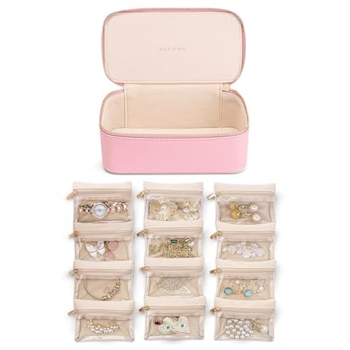 Vlando Jewelry Travel Organzier,Jewelry Travel Case with 12 Pcs Velvet Jewelry Bags,Christmas Gift Birthday Gift Graduation for Women Girl-Strawberry