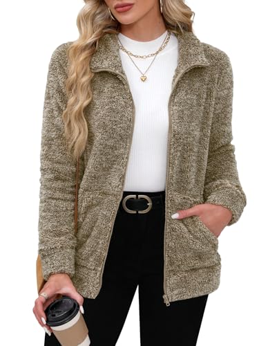 BesserBay Winter Damen Warm Casual Stehkragen Fleece Jacke Alltag Elegant Outdoor Plüschjacke Coffee XXL