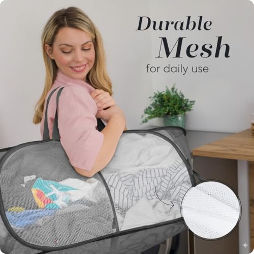 Image of Handy Laundry Collapsible Laundry Basket, 2-Compartment Mesh Pop Up Hamper with Handles - Foldable, Space-Saving Dirty Clothes Organizer for Dorm, Travel, Laundry Room, Grey