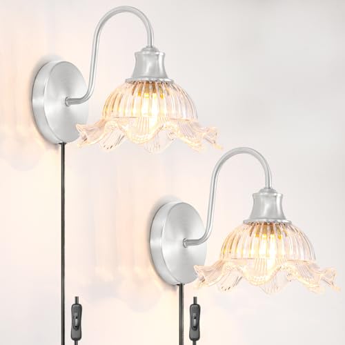 Ditoon Vintage Plug in Wall Sconces Set of 2, Flower Plug in Wall Lights with Clear Glass, Brushed Nickel Corded Wall Sconce Light, Wall Mounted Lights for Living Room, Hallway, Bedroom by Ditoon - Used condition - US$27.73