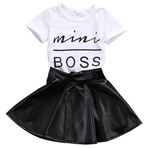 Little Toddler Baby Girl Letter Short Sleeve T-Shirt Tops Pu A-Line Pleated Skirt 2Pcs Spring Summer Clothes Set (White-Mini Boss, 3-4Years) #TOP2