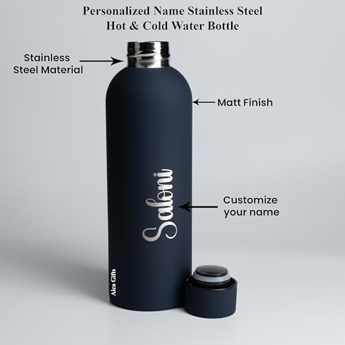 Image of AICA Personalized Name Stainless Steel Water Bottle - 500ml (Navy Blue) |Customized Birthday Anniversary Wedding Marriage Gifts for Men Husband Dad Brother Boyfriend Friends Teenage Boys