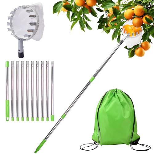WUSUPU Obstpflücker mit Teleskopstiel,Obstpflücker für Kirschen,Apfelpflücker mit Edelstahl Teleskoppfahl und Baumwollbeutel,Edelstahl Obstsammler für Kirschen,Pflaumenpflücker,Fruit Picker