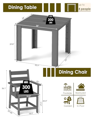 Image of GREENVINES 5-Piece-Outdoor-Dining-Set | HDPE | Square | Patio Furniture | Table and Chairs Sets for 4 | All Weather | Removable Armrests | Umbrella Hole | for Backyard Poolside Garden | Grey