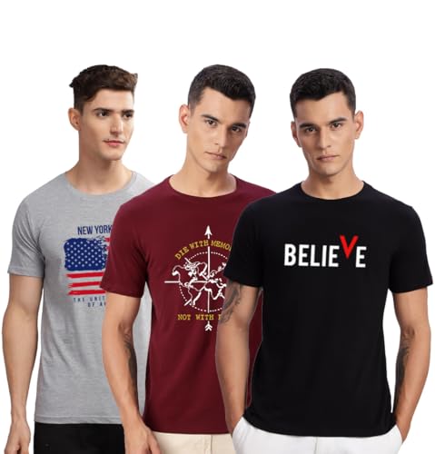 Image of ADRO 100% Cotton Lycra Tshirts for Men Combo Pack of 3 | Regular Fit | Printed T Shirt | Round Neck Half Sleeve| Mens Tshirts