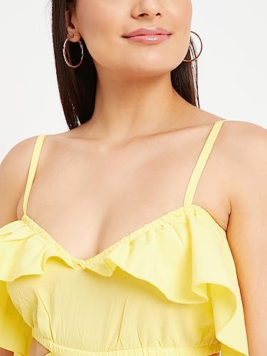 Image of DRAPE AND DAZZLE Yellow Stylish Cut Out Frill Dress | Designer Dress for Women