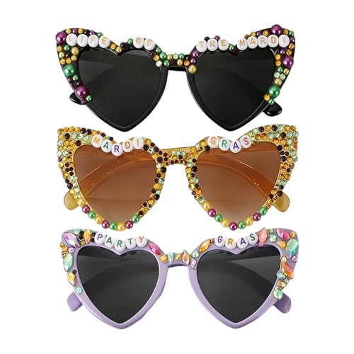 SJFBJNJHJ 3 Pcs mardi gras Sunglasses for Women Heart Shaped mardi gras Glasses with Beads in Purple Yellow Black Carnival Party Accessories and Dress Up Supplies