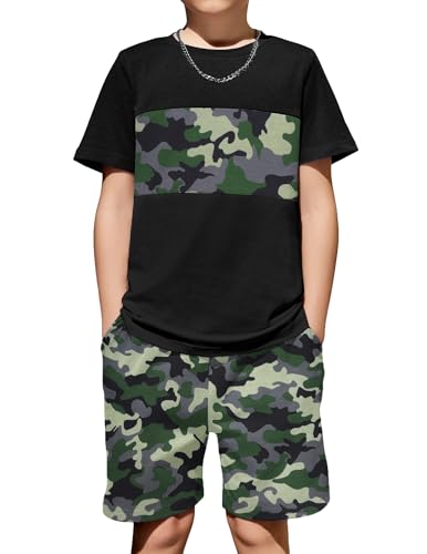 Image of Arshiner Boys' 2-Piece Cotton Outfit Color Block T-Shirt and Shorts Set Summer Camo Clothes for Kids 5-14 Years