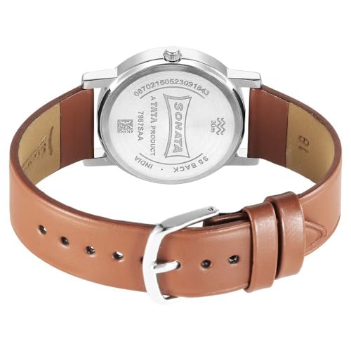 Image of Sonata Classic Quartz Analog Blue Dial Brown Leather Strap Watch for Men-NS7987SL03W /NT7987SL03W