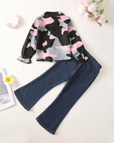 Image of Renotemy Kids Little Toddler Girl Clothes Button Down Tie Front Shirt + Bell Bottoms Jeans Girls 2 Piece Outfits Clothing Set