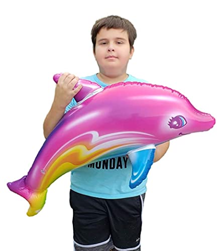 Zugar Land Large 36" Pink Rainbow Colorful Dolphin Inflatable Pool Toy (Pack) Inflate Beach Poolside Aquatic Themed Decor Birthday Party Decoration (1)